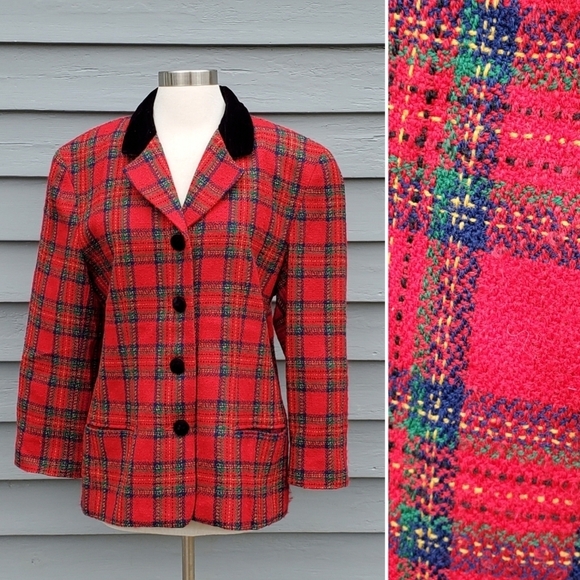 Vintage 90s y2k Talbots Red Green Stuart Tartan Plaid Preppy Blazer Jacket 14 - Picture 1 of 7
